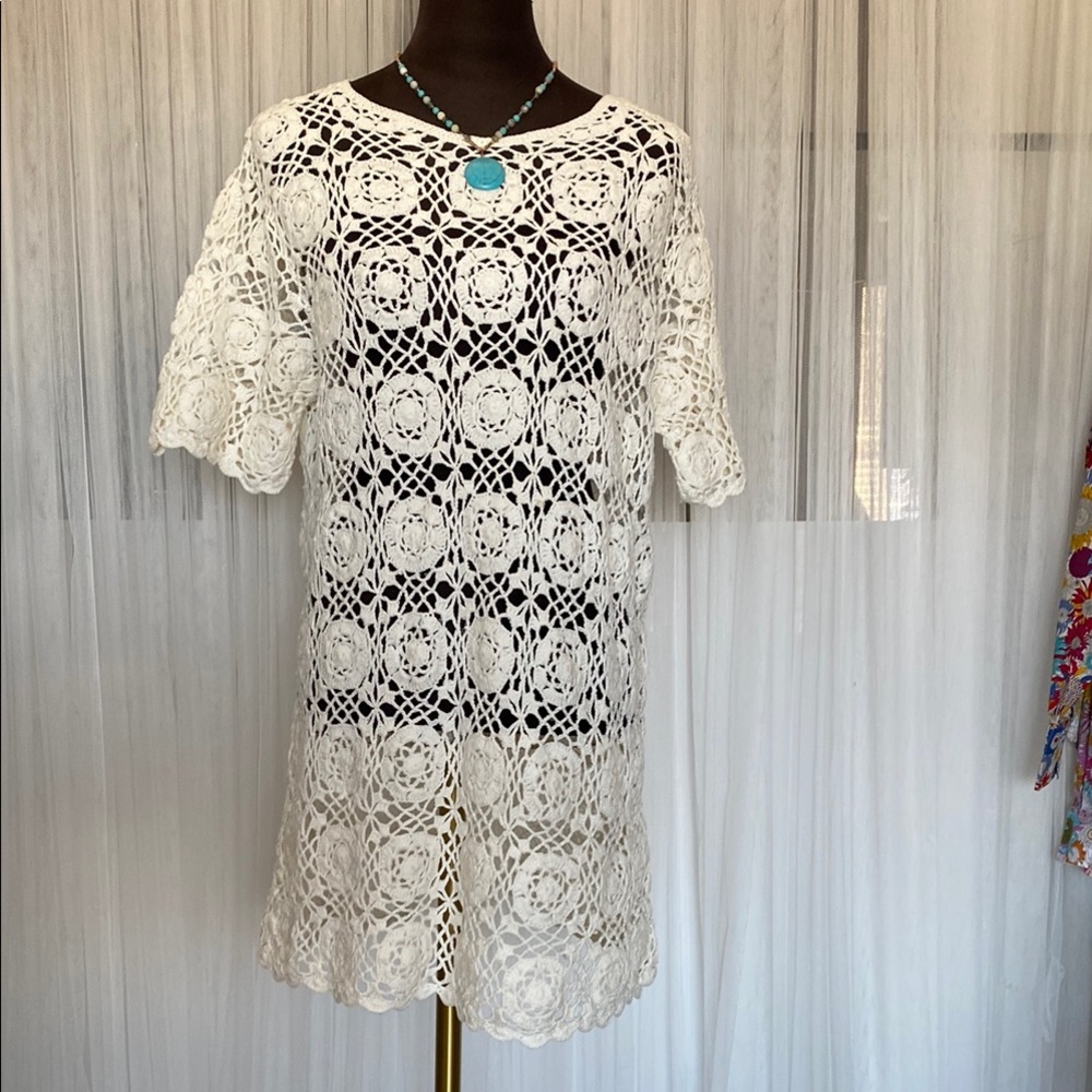 “Shore” Swim Suit Cover Crochet 100% Cotton  Ivory Lace Scalloped edge!! Size M